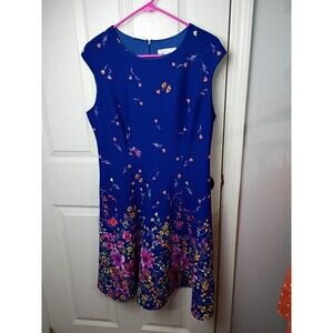 London Times Cap Sleeve Blue Pink Floral Fit&Flare Scuba Crepe Mini Dress Sz 12P